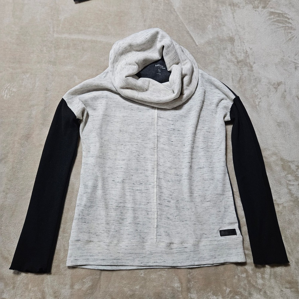 Kensie Performance Womens Cowl Neck Waffle Knit Thermal Top Gray Black Medium